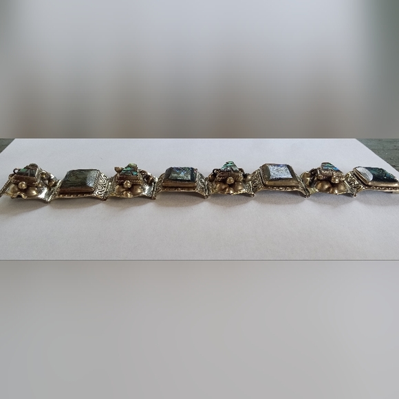 Sterling Silver Aztec Mexico Taxco Multi Link Abalone Shell Vintage Bracelet - Picture 2 of 12